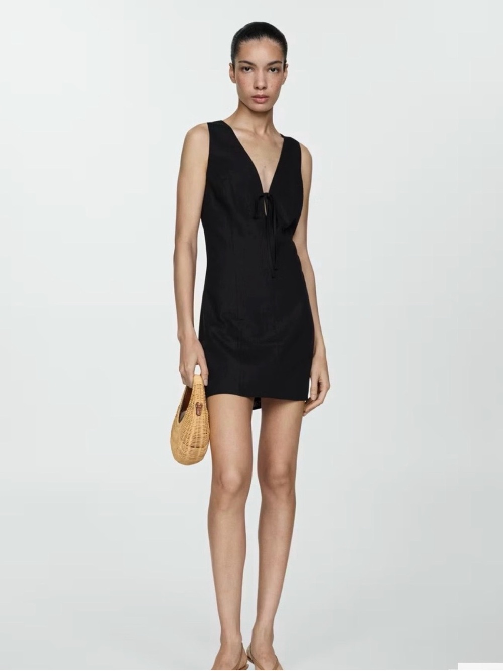 Mango Black Linen Blend Sleeveless V-Neck Dress with Bow